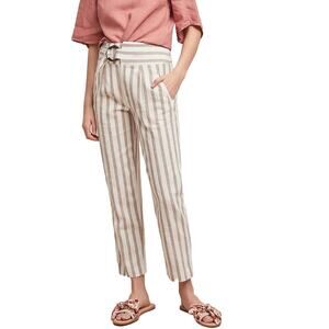 Anthropologie Oasis Striped Pants 14 Linen High Rise Belted Resort Wear Cropped